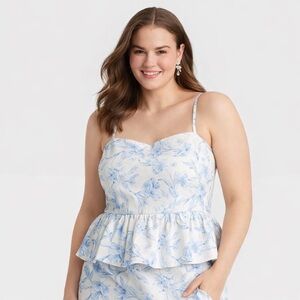 A New Day White Blue Floral Smocked Peplum Camisole Tank Size M